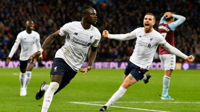 Sadio Mane celebrates after scoring the match winner against Aston Villa.